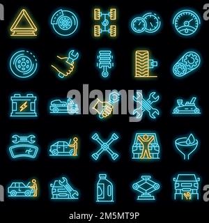Auto mechanic icons set. Outline set of auto mechanic vector icons neon color on black Stock Vector