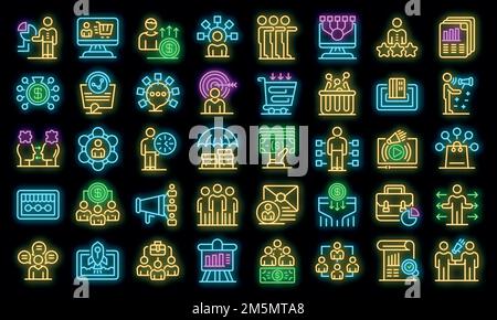 Affiliate marketing icons set. Outline set of affiliate marketing vector icons neon color on black Stock Vector