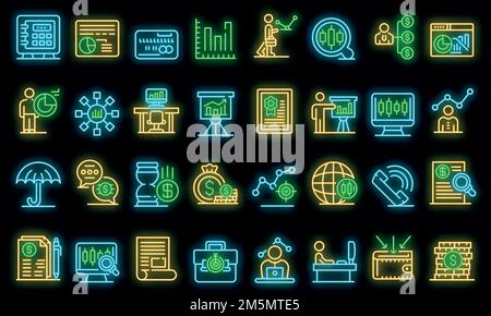 Trader icons set. Outline set of trader vector icons neon color on black Stock Vector