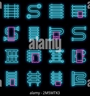 Heated towel rail icons set. Outline set of heated towel rail vector icons neon color on black Stock Vector