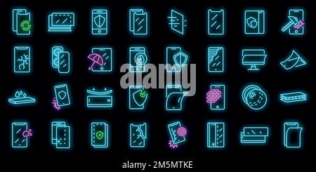 Protective glass icons set. Outline set of protective glass vector icons neon color on black Stock Vector