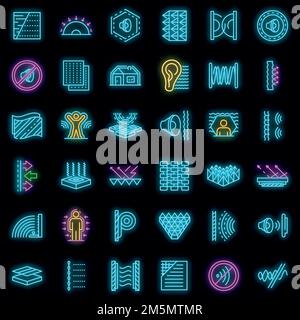 Soundproofing icons set. Outline set of soundproofing vector icons neon color on black Stock Vector
