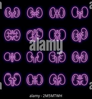 Kidney icons set. Outline set of kidney vector icons neon color on black Stock Vector