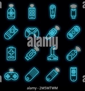 Remote control icons set. Outline set of remote control vector icons neon color on black Stock Vector