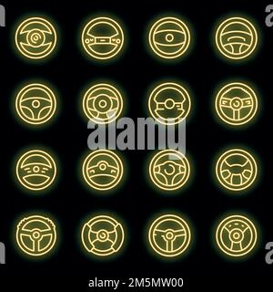 Steering wheel icons set. Outline set of steering wheel vector icons neon color on black Stock Vector