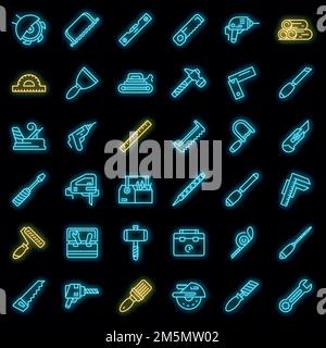 Carpenter tools icons set. Outline set of carpenter tools vector icons neon color on black Stock Vector
