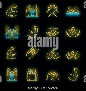 Arm wrestling icons set. Outline set of arm wrestling vector icons neon color on black Stock Vector