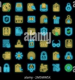 Personal information icons set. Outline set of personal information vector icons neon color on black Stock Vector