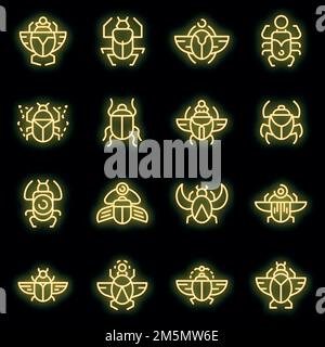 Scarab beetle icons set. Outline set of scarab beetle vector icons neon color on black Stock Vector