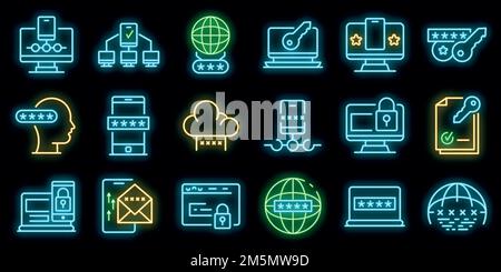 Multi-factor authentication icons set. Outline set of multi-factor authentication vector icons neon color on black Stock Vector