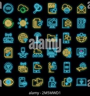 Remote access icons set. Outline set of remote access vector icons neon color on black Stock Vector