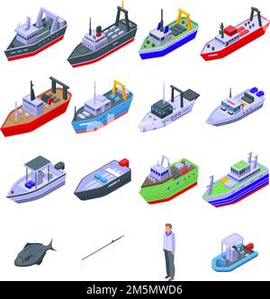 Fishing boat icons set. Isometric set of fishing boat vector icons for web design isolated on white background Stock Vector