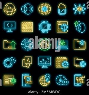Operating system icons set. Outline set of operating system vector icons neon color on black Stock Vector