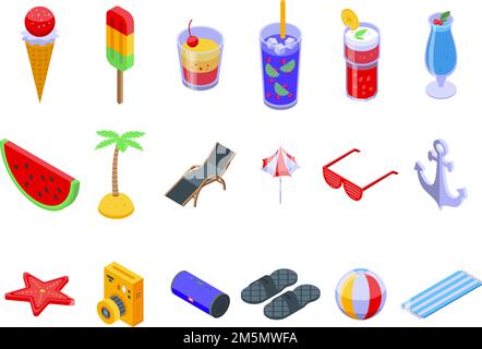 Summer party icons set. Isometric set of summer party vector icons for web design isolated on white background Stock Vector