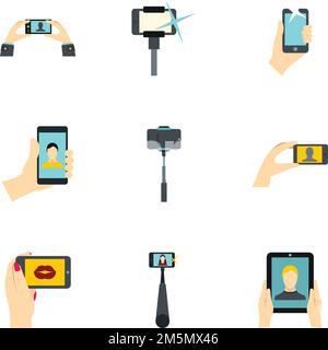Shooting on cell phone icons set. Flat illustration of 9 shooting on cell phone vector icons for web Stock Vector