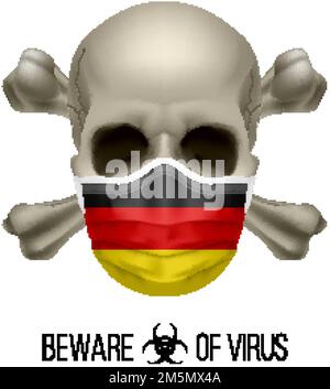 Human Skull with Crossbones and Surgical Mask in the Color of National Flag Germany. Mask in Form of the German Flag and Skull as Concept of Dire Warn Stock Vector