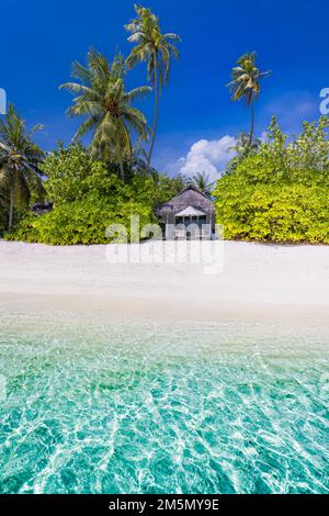 Tropical beach background as summer landscape with white sand and coco palm trees close to calm sea for beach banner. Perfect beach scene vacation Stock Photo