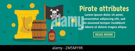 Pirate attributes banner horizontal concept. Flat illustration of pirate attributes banner horizontal vector concept for web design Stock Vector
