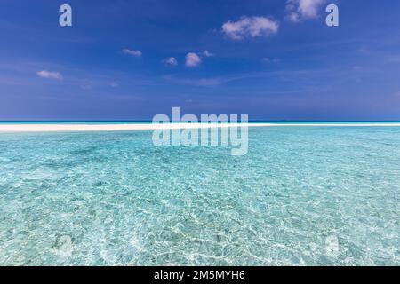 Blue sea wave, ocean lagoon, white foam, sand beach, turquoise ocean water close up, summer holidays. Tropical island vacation backdrop tourist travel Stock Photo