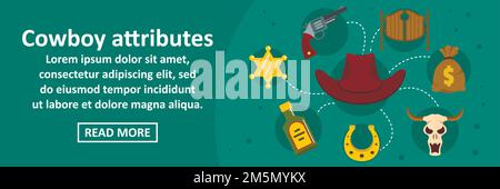 Cowboy attributes banner horizontal concept. Flat illustration of cowboy attributes banner horizontal vector concept for web design Stock Vector