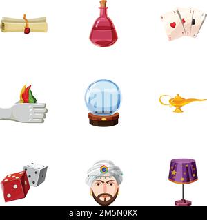 Magician icons set. Cartoon set of 9 magician vector icons for web isolated on white background Stock Vector