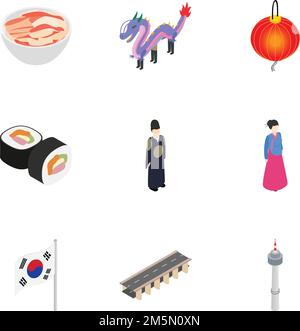 Travel to South Korea icons set. Isometric 3d illustration of 9 travel to South Korea vector icons for web Stock Vector