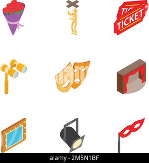Theatre acting performance icons set. Isometric 3d illustration of 9 theatre acting performance vector icons for web Stock Vector