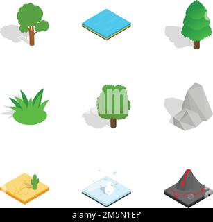 Natural landscape icons set. Isometric 3d illustration of 9 natural landscape vector icons for web Stock Vector