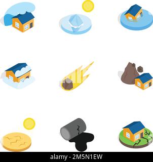Natural disaster icons set. Isometric 3d illustration of 9 natural disaster vector icons for web Stock Vector