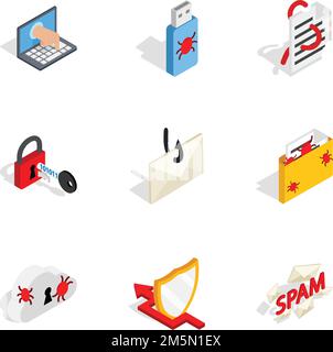 Computer security icons set. Isometric 3d illustration of 9 computer security vector icons for web Stock Vector