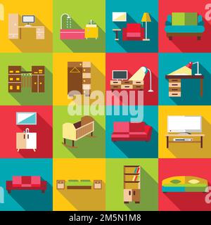 Home interior icons set. Flat illustration of 16 home interior vector icons for web Stock Vector