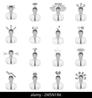Stress icons set in monochrome style isolated on white background Stock Vector