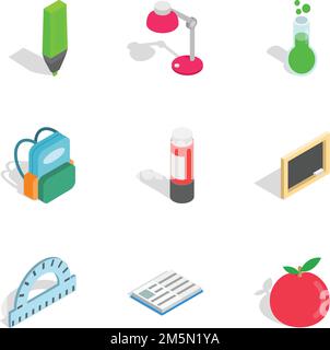 School tools icons set. Isometric 3d illustration of 9 school tools vector icons for web Stock Vector