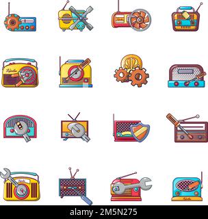 Radio repair icons set. Cartoon set of 16 radio repair vector icons for web isolated on white background Stock Vector