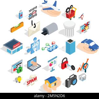 Web interface icons set. Isometric set of 25 web interface vector icons for web isolated on white background Stock Vector