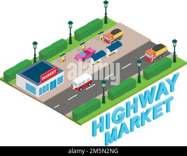 Highway market concept banner. Isometric banner of highway market vector concept for web, giftcard and postcard Stock Vector