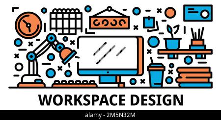 Workspace design banner. Outline illustration of workspace design vector banner for web design Stock Vector
