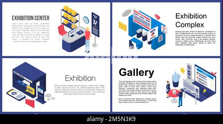 Exhibition center banner set. Isometric set of exhibition center vector banner for web design Stock Vector