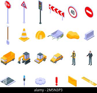 Road repair icons set. Isometric set of road repair vector icons for web design isolated on white background Stock Vector