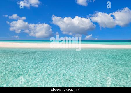 Beautiful tropical island beach on background blue sky white clouds and turquoise ocean sunny day. Perfect natural sandbank landscape as summertime Stock Photo