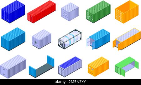 Cargo container icons set. Isometric set of cargo container vector icons for web design isolated on white background Stock Vector