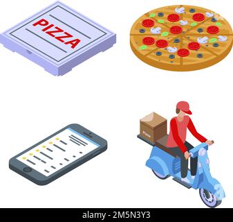 Pizza delivery icons set. Isometric set of pizza delivery vector icons for web design isolated on white background Stock Vector