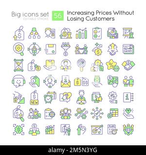 Increasing prices without losing customers RGB color icons set Stock Vector