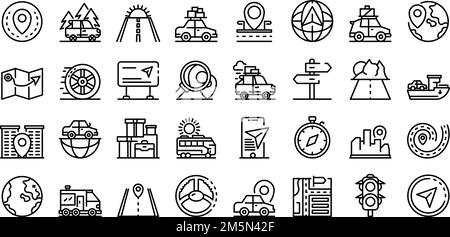 Car trip icons set. Outline set of car trip vector icons for web design isolated on white background Stock Vector
