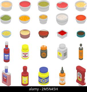 Condiment icons set. Isometric set of condiment vector icons for web design isolated on white background Stock Vector
