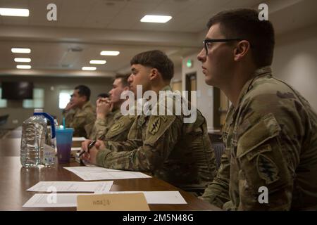 Soldiers assigned to 10th Special Forces Group (Airborne) attend the Noncommissioned Officer Academy on Fort Carson, Colorado, March 28, 2022. The NCOA was a four-day course where students get an overview of what to expect in the Army’s Basic Leadership Course. Stock Photo