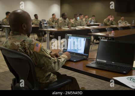 Soldiers assigned to 10th Special Forces Group (Airborne) attend the Noncommissioned Officer Academy on Fort Carson, Colorado, March 28, 2022. The NCOA is a four-day course where  students get an overview of what to expect in the Army’s Basic Leadership Course. Stock Photo