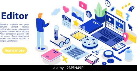 Editor text concept banner. Isometric illustration of editor text vector concept banner for web design Stock Vector