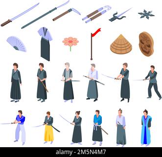 Samurai icons set. Isometric set of samurai vector icons for web design isolated on white background Stock Vector