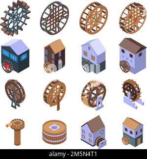 Water mill icons set. Isometric set of water mill vector icons for web design isolated on white background Stock Vector